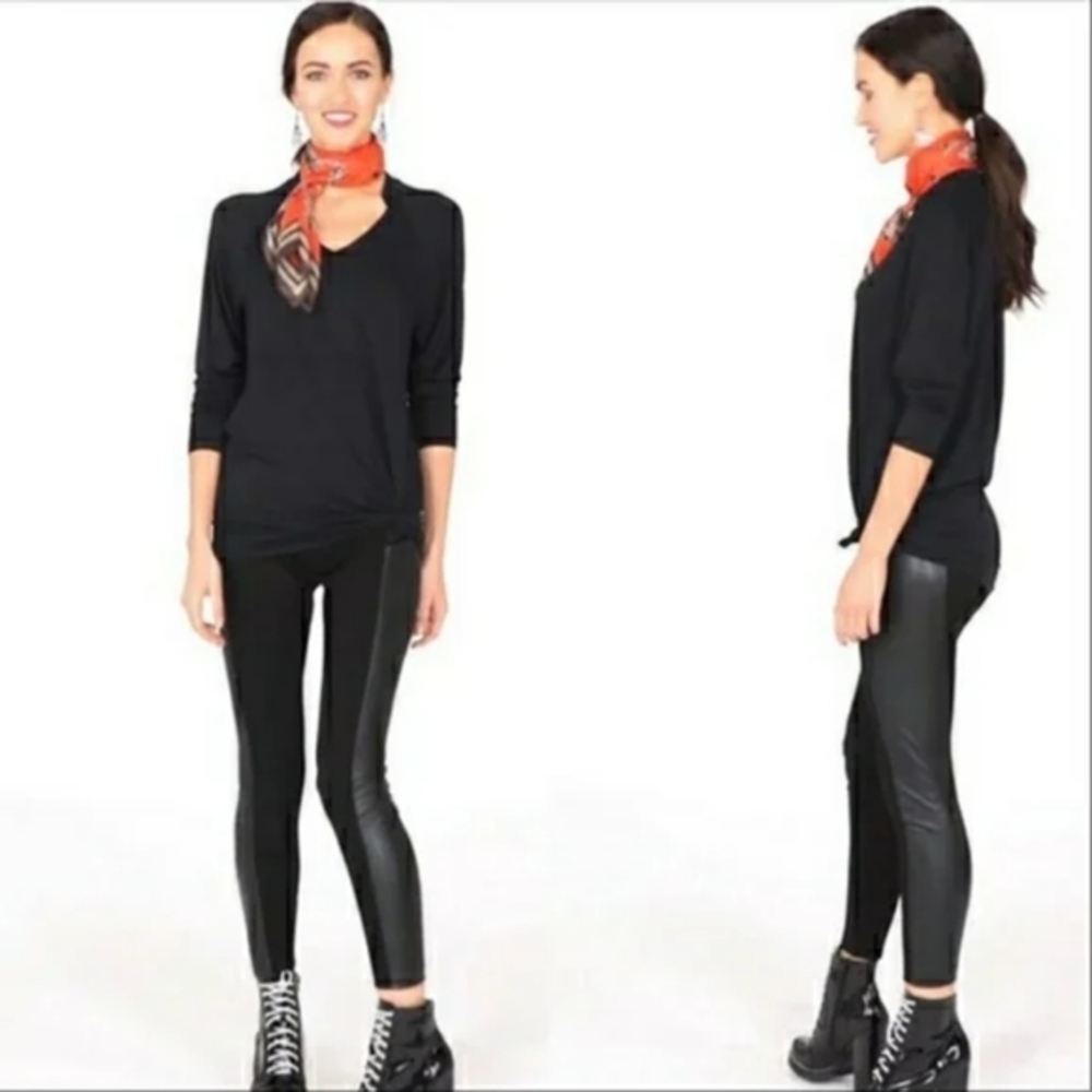Black Top and Leather Leggings with Red Scarf - Picture 1 of 7